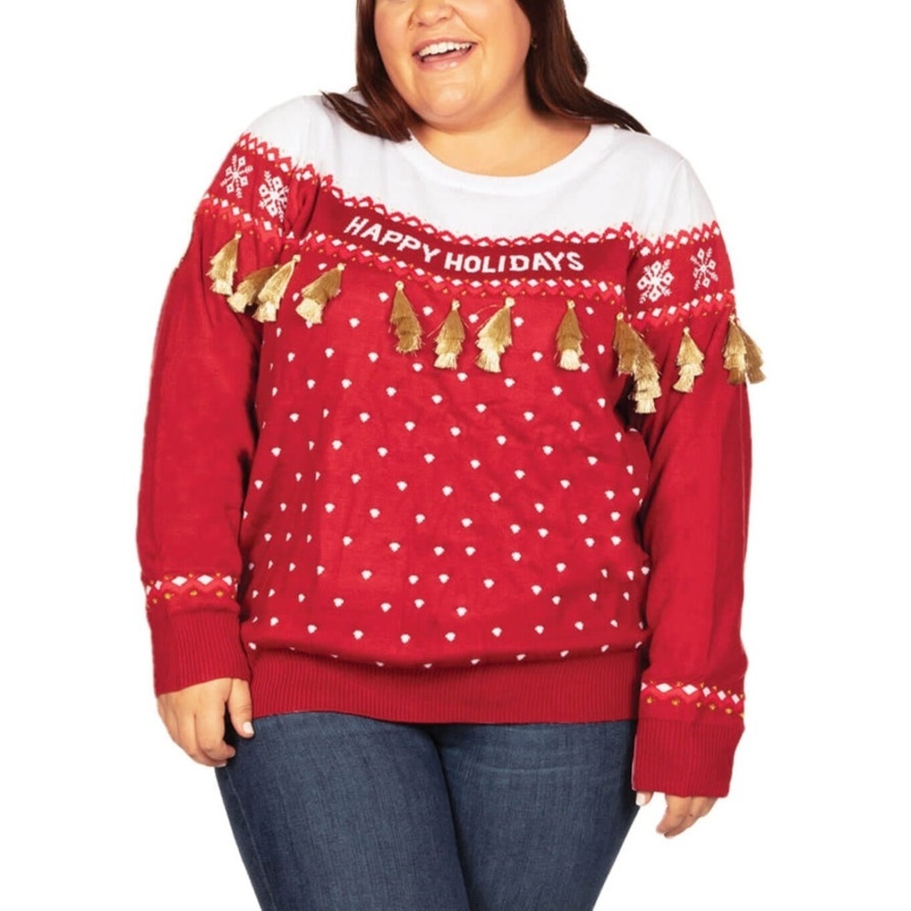 Tipsy Elves Happy Holidays Tassel Ugly Christmas Sweater - Size XL - Red - NWT
